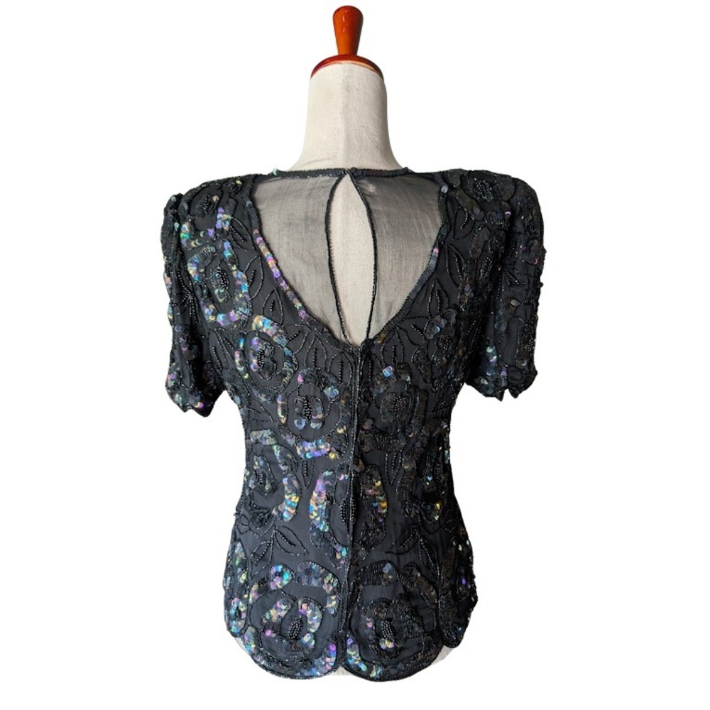 Laurence Kazar Vintage Black Silk Sequin Beaded Evening Top Blouse Petite Medium - Picture 4 of 7